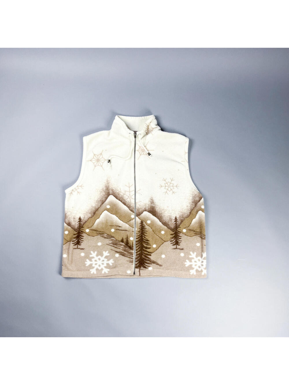 Vintage Winter Fleece Vest with Mountain and Snowflake Design, Zip Up